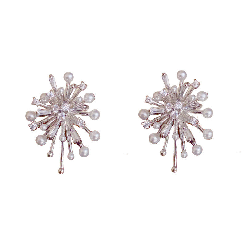 Elegant Pearl & Zircon Firework Stud Earrings – Silver Needle Design