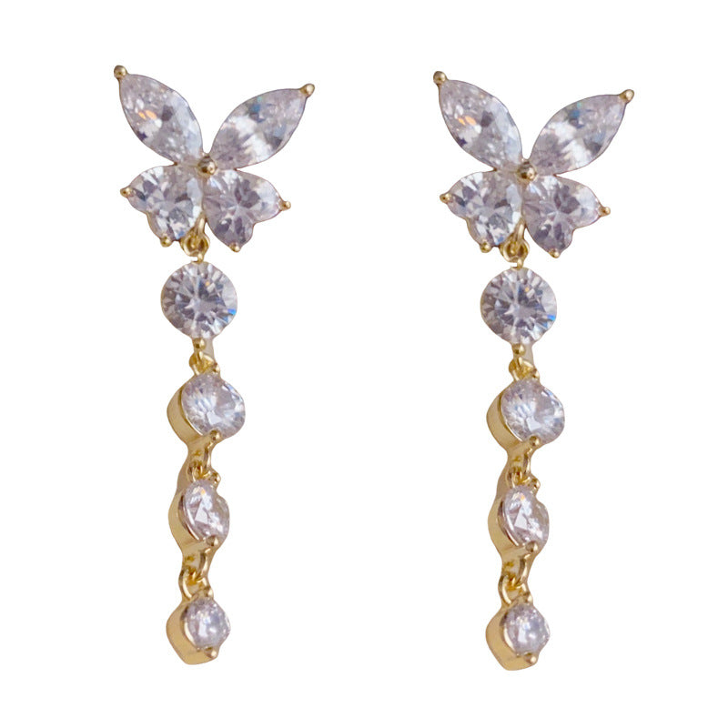 14K Gold-Plated Rhinestone Butterfly Tassel Earrings – Elegant Design
