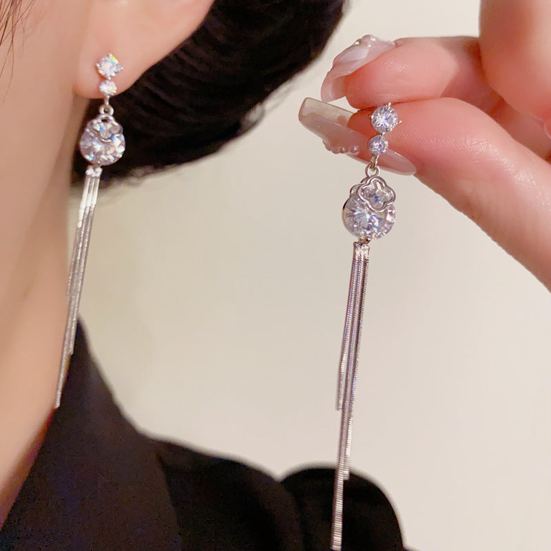 Elegant Diamond Long Tassel Drop Earrings – Floral Design