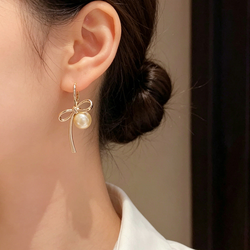 Eaioncol Coffee Gold Bow Pearl Hoop Earrings 14K Gold Plated