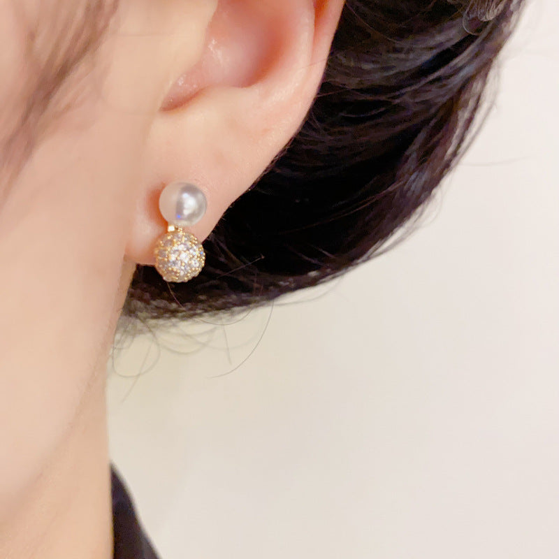 14K Gold-Plated Pearl Pave Ball Stud Earrings – Minimalist Chic Design