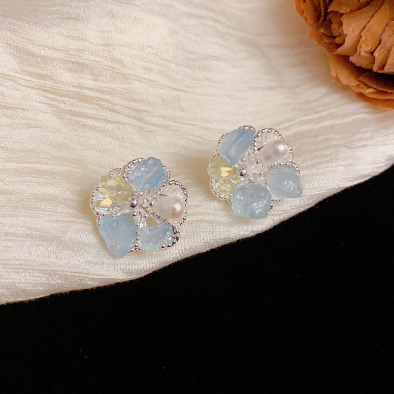 Luxury Gradient Crystal & Pearl Petal Stud Earrings –S925Silver Needle