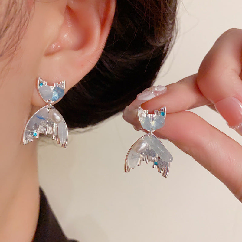 Luxury Blue Crystal Fishtail & Pearl Sliver Earrings – Elegant Design