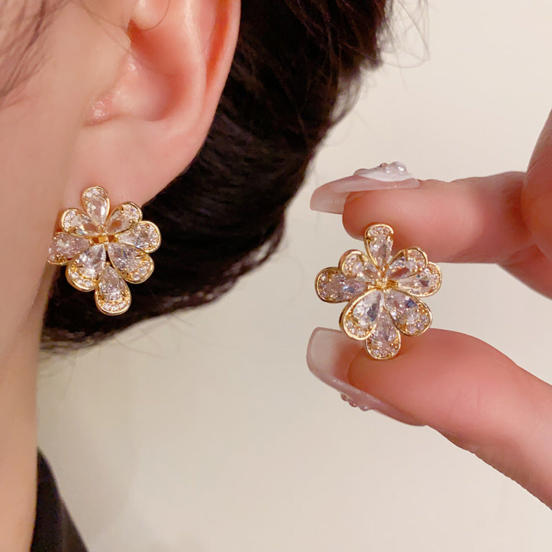 14K Gold Full Zircon Flower Earrings - Chic Elegance Design