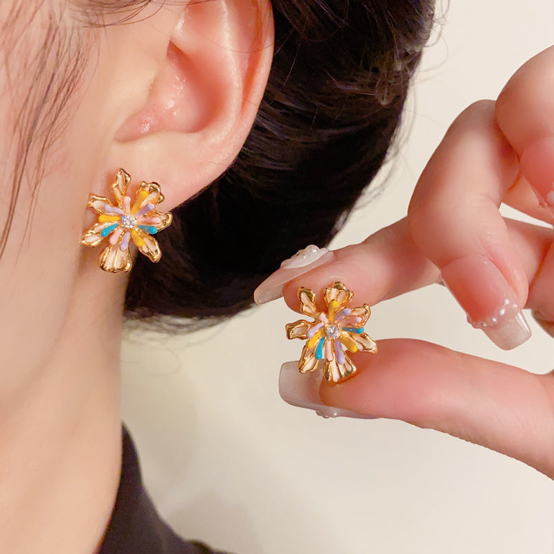 Elegant Colorful Enamel 18K Gold Firework Stud Earrings– Floral Design