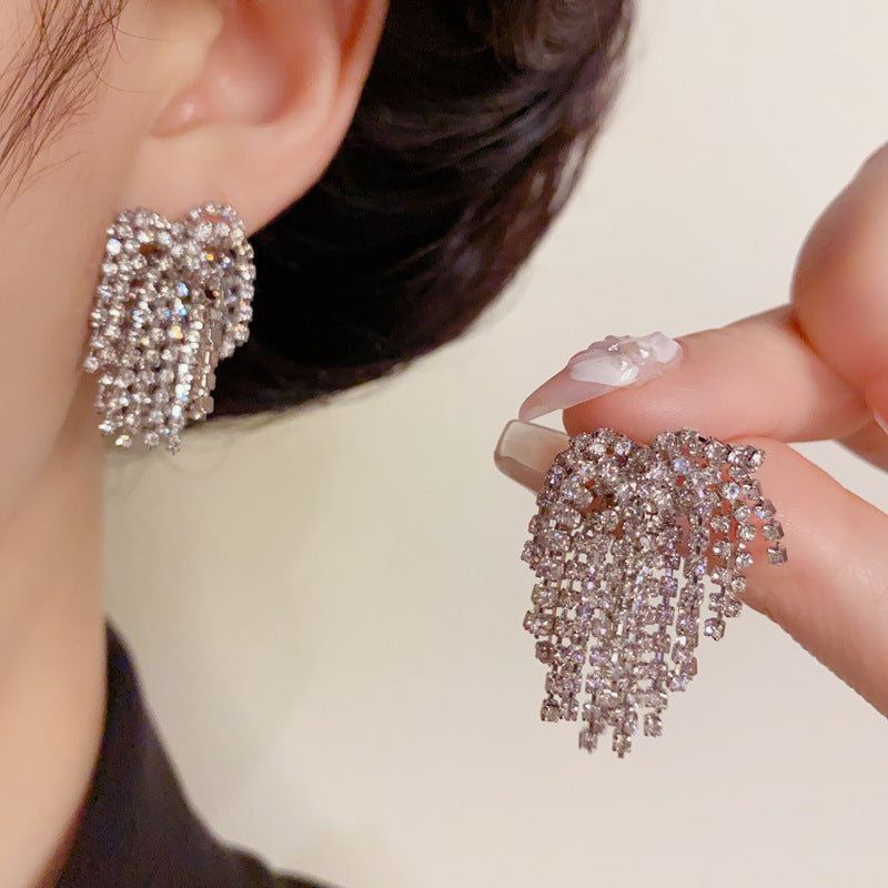 14K Gold Full Rhinestone Tassel Earrings – Glamorous Sparkle Design