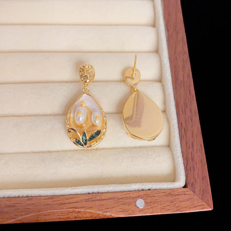 Eaioncol Enamel Painted Flower Pearl Drop Earrings Gold