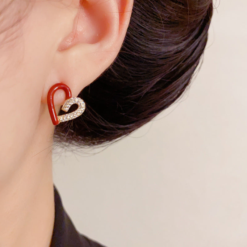 Luxury Zircon Spliced Red Heart Stud Earrings – French Design