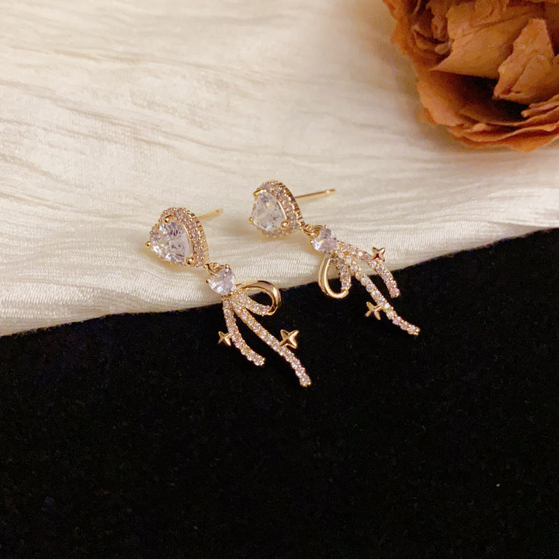 Luxury Full-Zircon Heart & Bow Drop Gold Earrings – Elegant Design