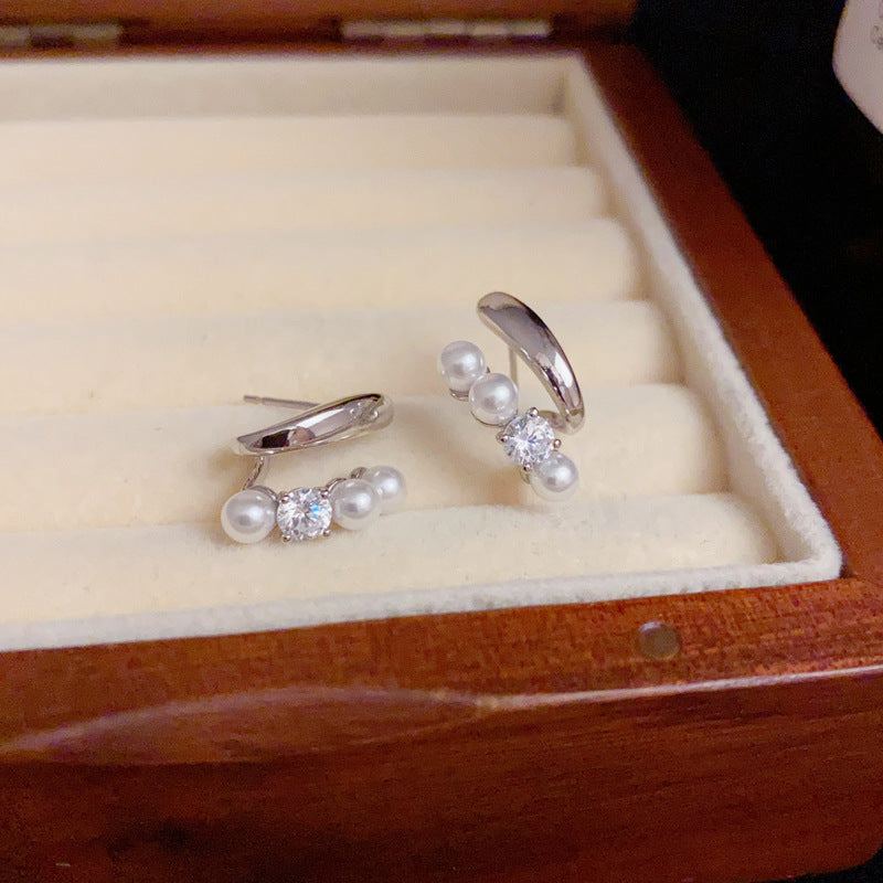 14K Gold Double-Layer Zircon Pearl Stud Earrings – Elegant Design