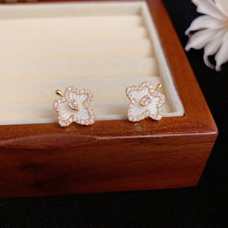 Luxury Zircon & Pearl Maple Leaf Stud Earrings – Floral Design
