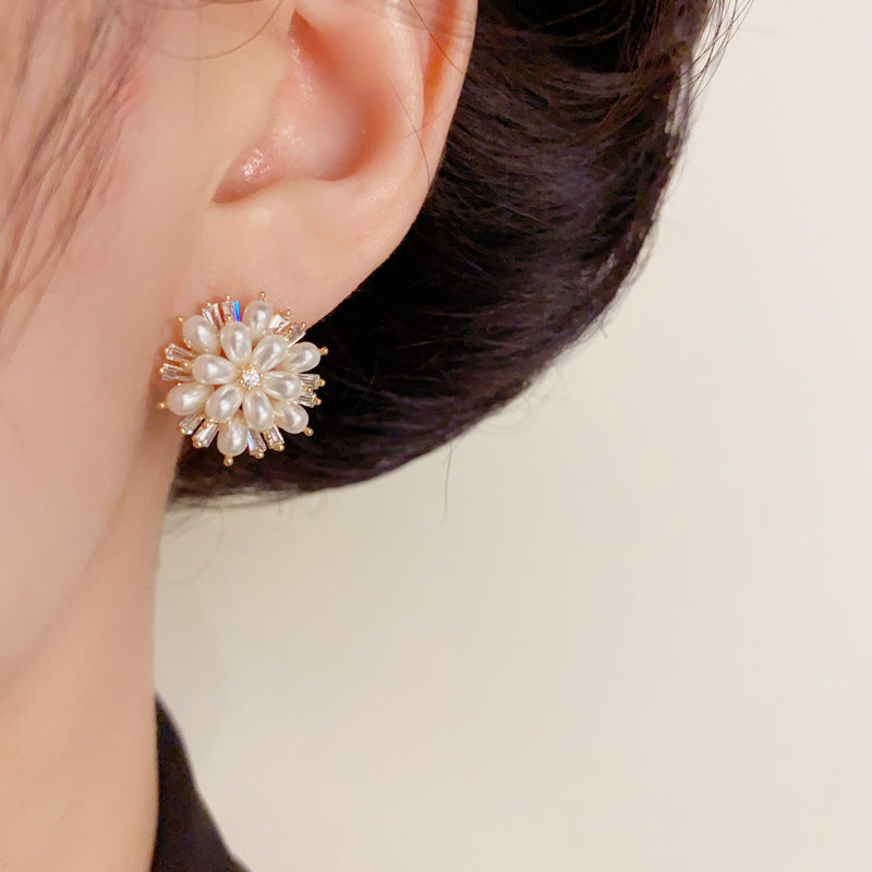 Luxury Zircon & Pearl Petal Stud Flower Earrings – Elegant Design