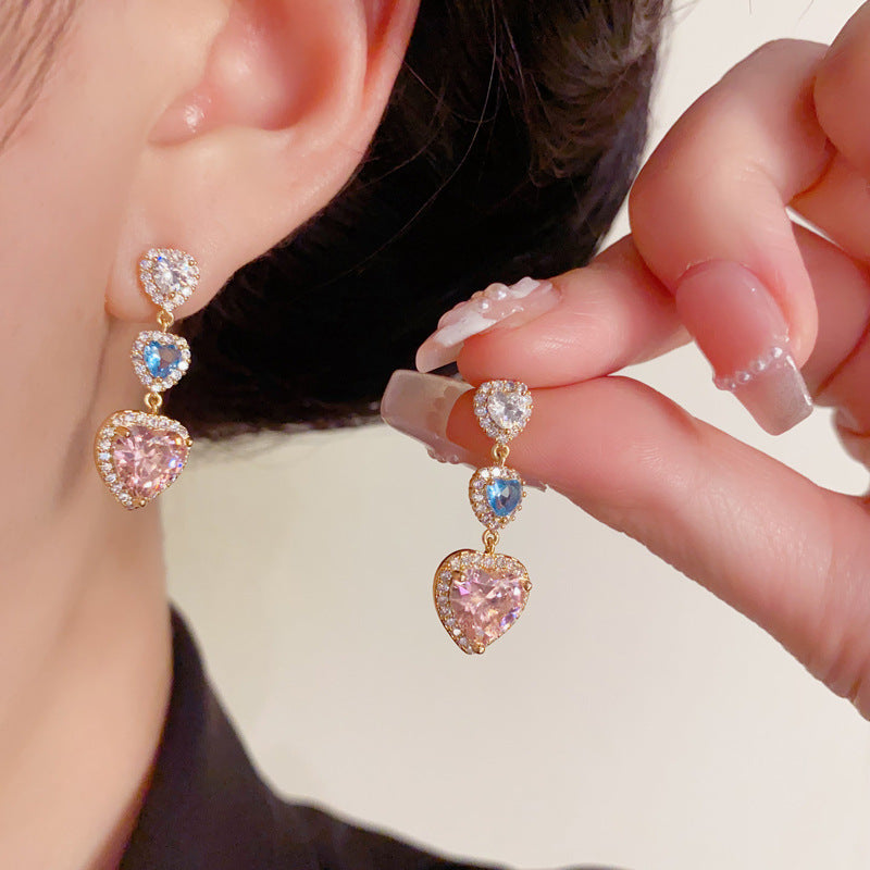 Luxury Full-Zircon Heart Tassel Drop Earrings – Elegant Design