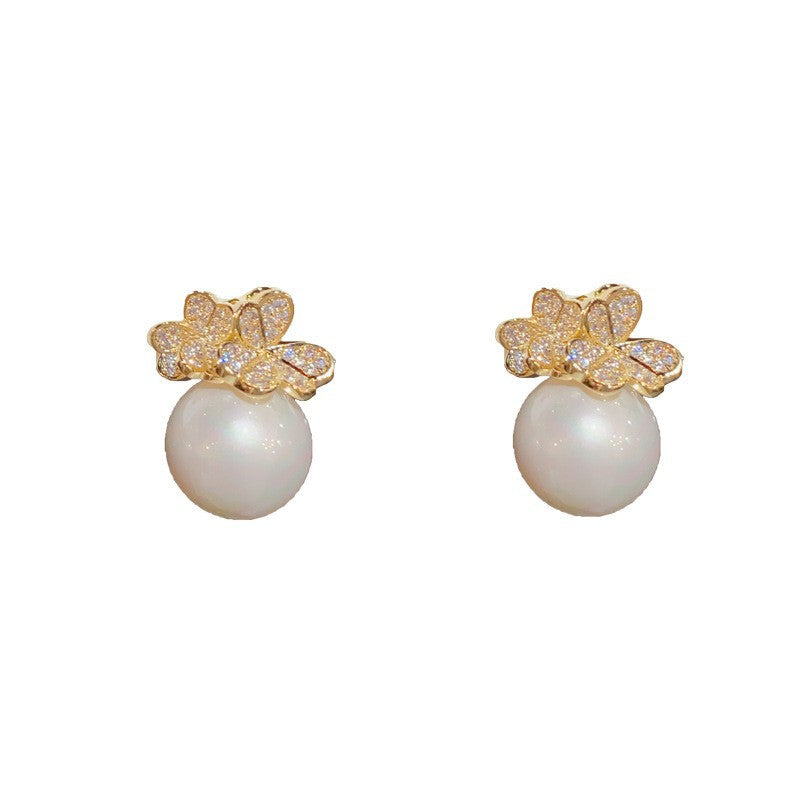 14K Gold-Plated Zircon Flower Pearl Stud Earring - Elegant Design