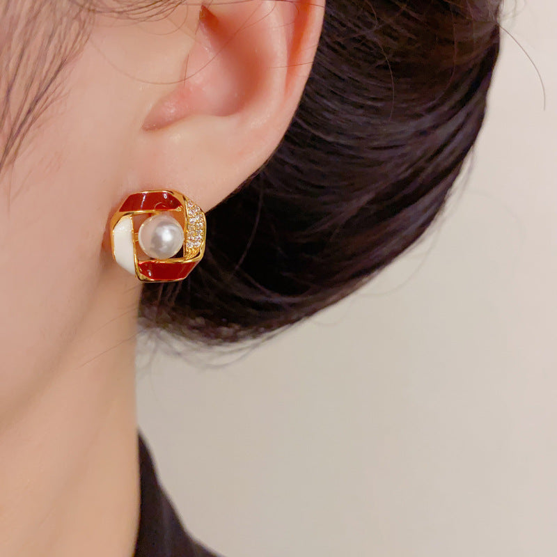 Luxury Zircon Pearl Color-Block Circle Stud Earrings – Elegant Design