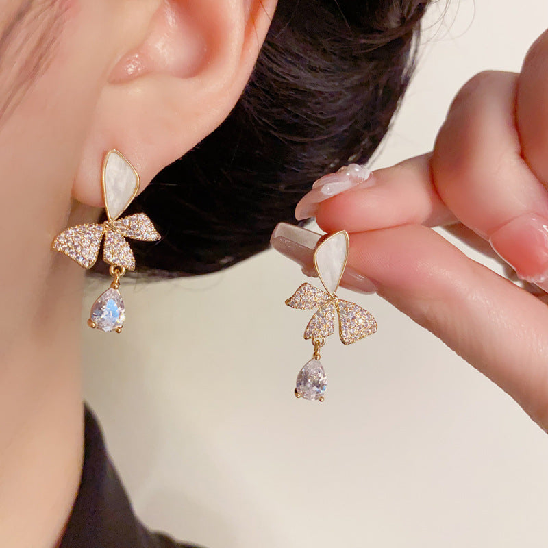 Luxury Zircon Butterfly & Droplet Drop Gold Earrings – Elegant Design