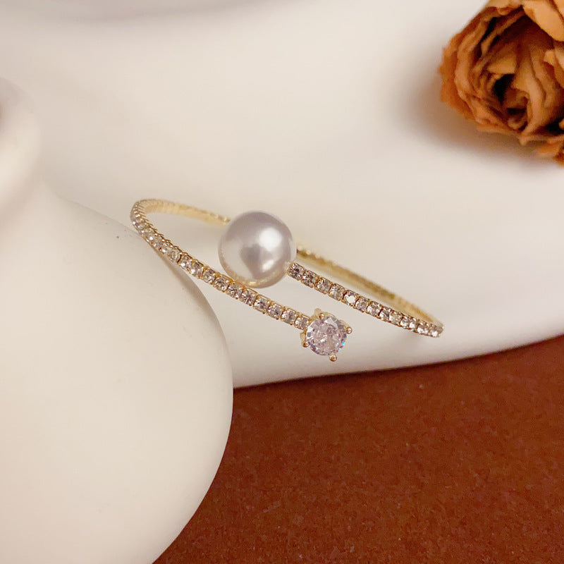 Minimalist Pearl & Rhinestone Open Cuff Bracelet – Adjustable Design
