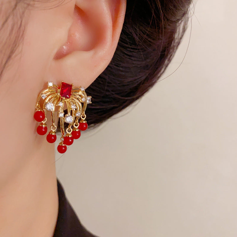 Luxury Zircon Firework Pearl Tassel Drop Earrings – Retro Design