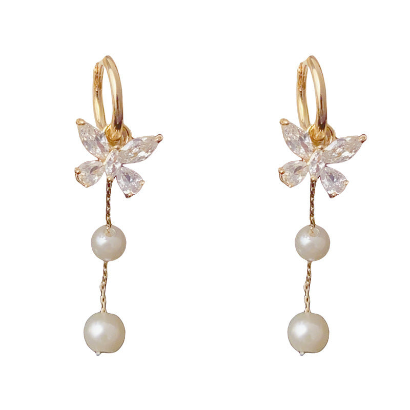 Luxury Zircon Butterfly Pearl Tassel Earrings – Elegant Design