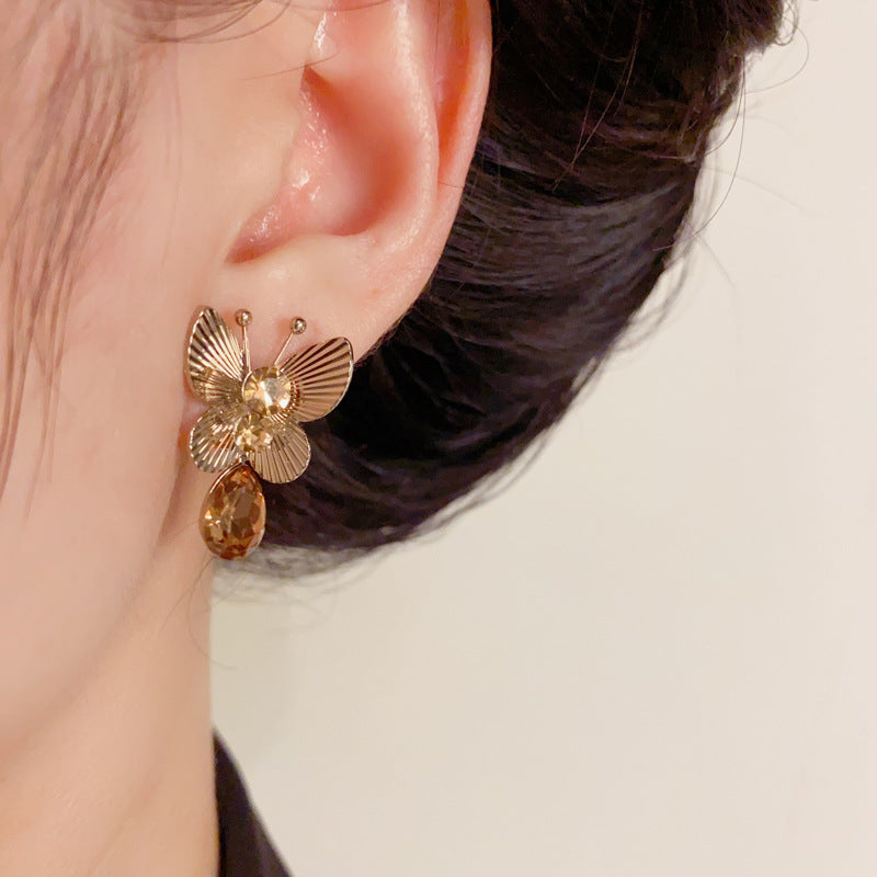 Luxury Coffee Gold Butterfly Teardrop Earrings – Elegant Design