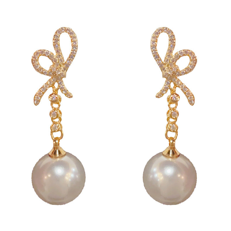 Elegant Zircon Butterfly Bow Pearl Tassel Earrings – Minimalist Design
