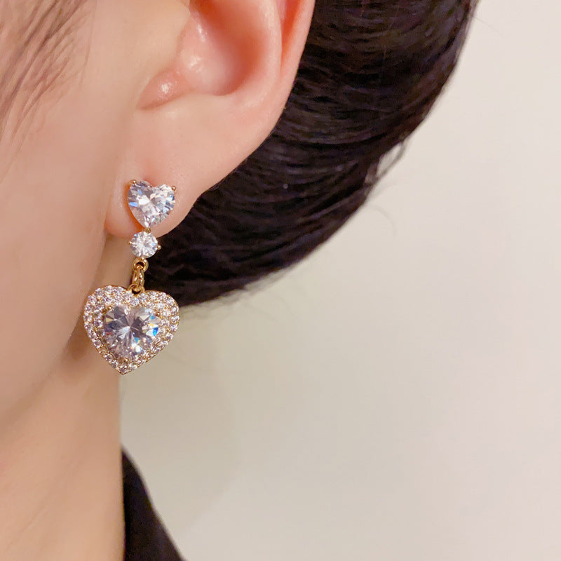 14K Gold Full Zircon Heart Tassel Earrings – Sparkling Elegant Style