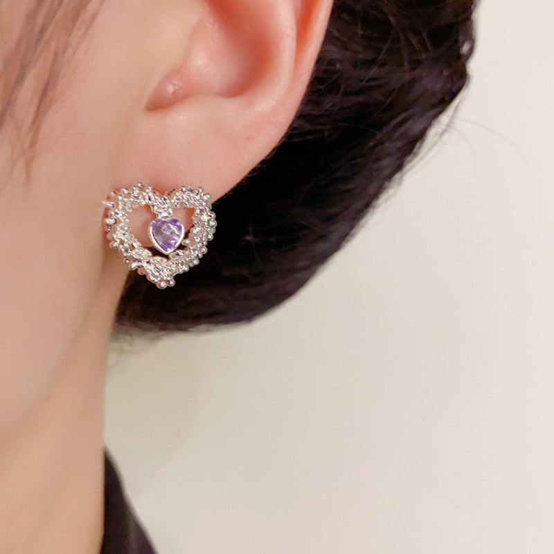 Luxury Hollow Zircon Heart Stud Earrings – Elegant Geometric Design