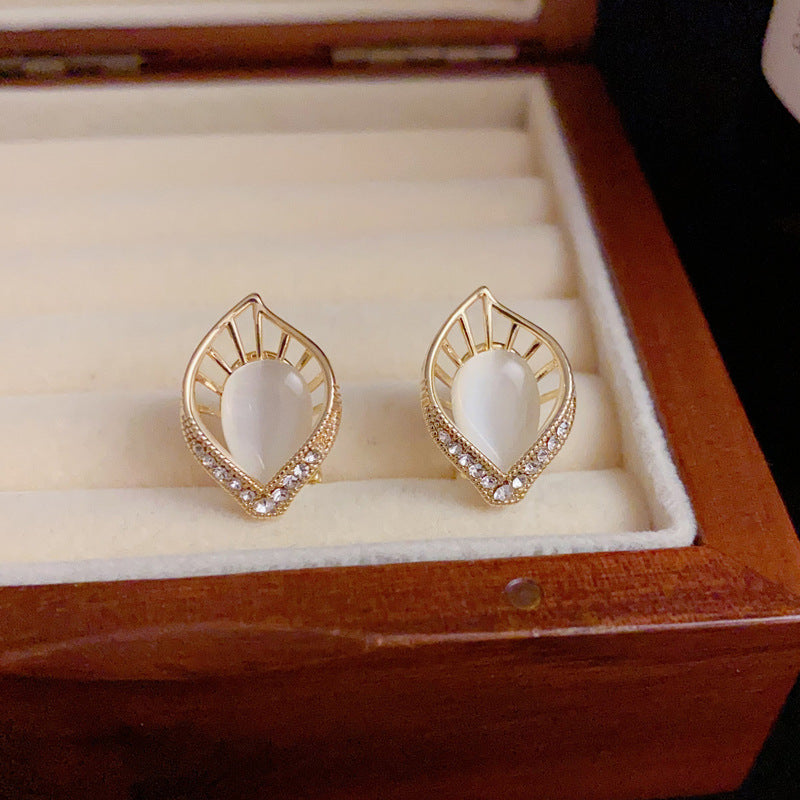 14K Gold Plated Hollow Leaf Stud Earrings – Cat Eye Stone Korean Style