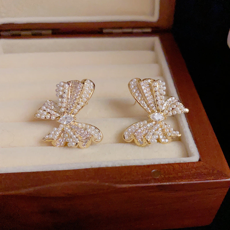 14K Gold-Plated Pearl Butterfly Earrings - Elegant Animal Design