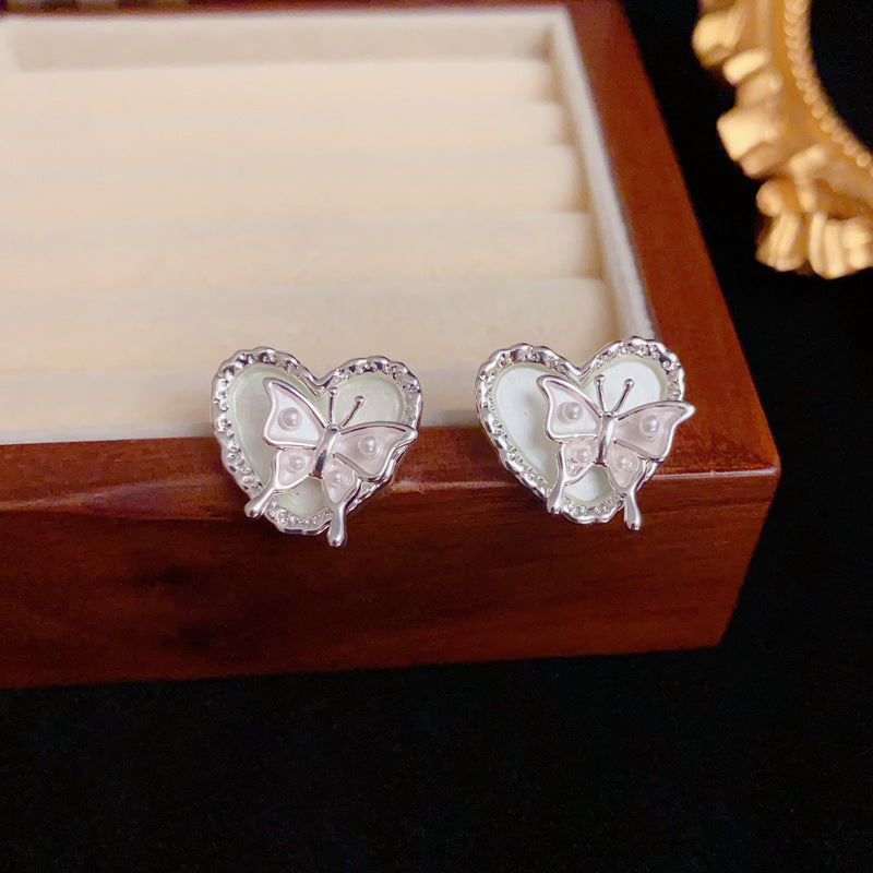 Luxury Silver-Coated Heart Butterfly Stud Earrings – Elegant Design