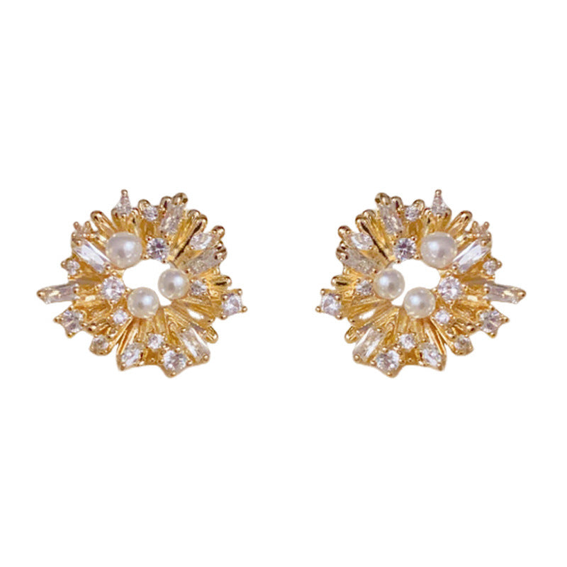 14K Gold Luxury Zircon Firework Flower Stud Earrings –Floral Design