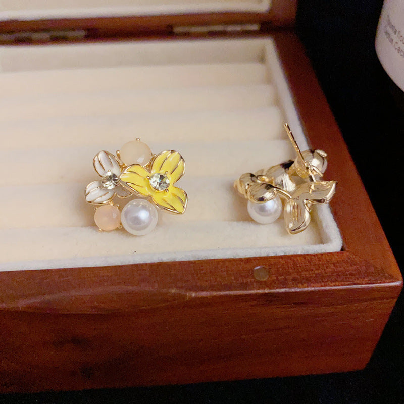 14K Gold-Plated Yellow Flower Pearl Stud Earrings – Minimalist Design