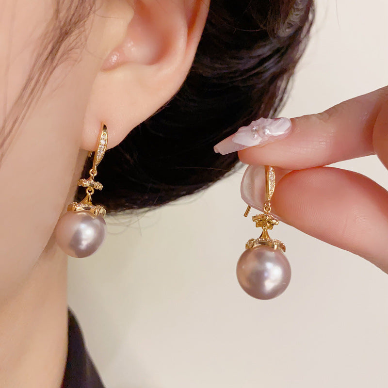 14K Gold Zircon Pearl Drop Earrings – Elegant French Chic Design