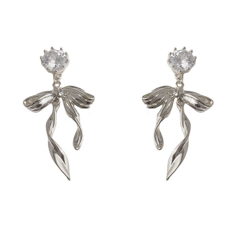 Luxury Zircon Metal Bow Drop Earrings – Elegant Design