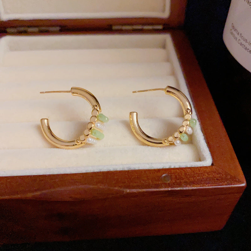 14K Gold Green Bead & Pearl C-Shaped Hoop Earrings – Statement Jewelry