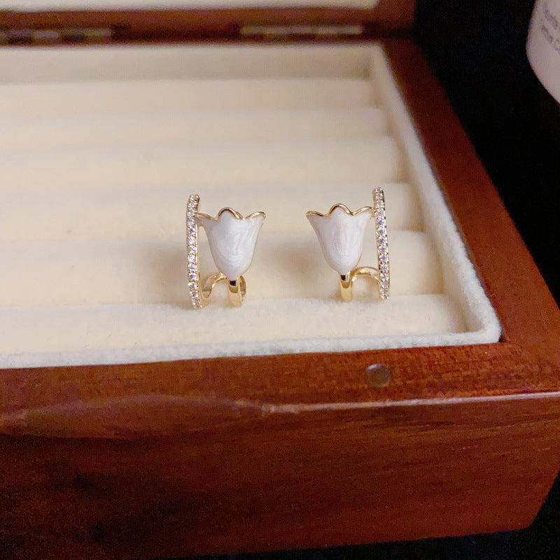 14K Gold Enamel Tulip Stud Earrings – Sweet & Minimalist Floral Design