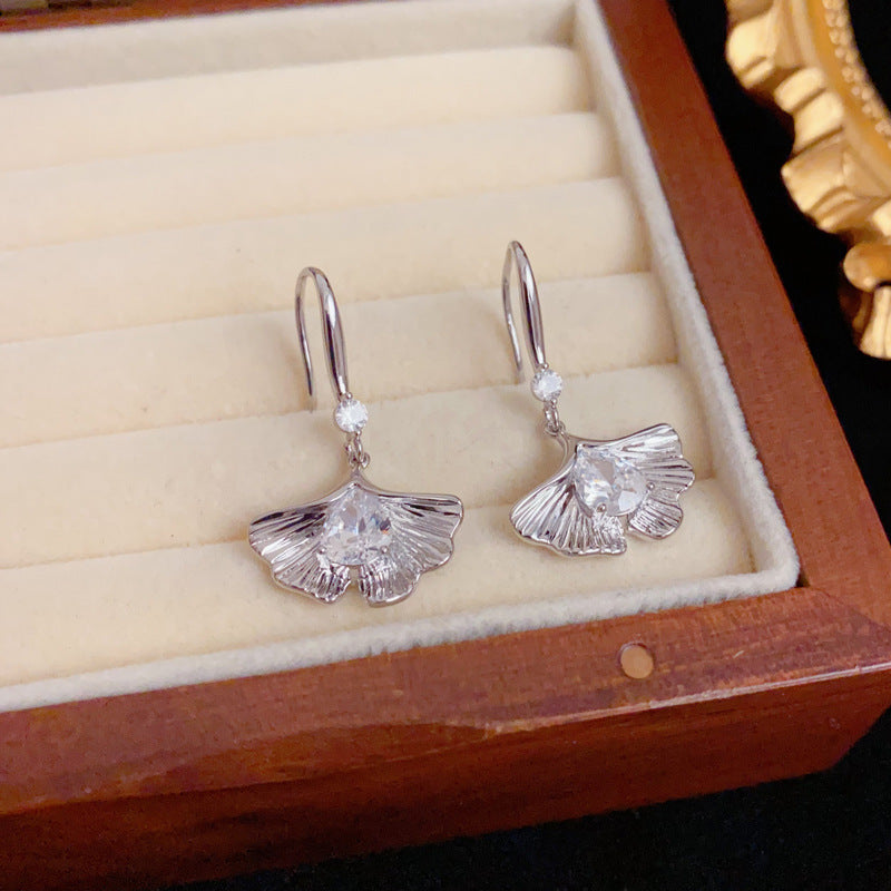 Luxury Zircon Ginkgo Leaf Ear Hook Earrings – Elegant Design