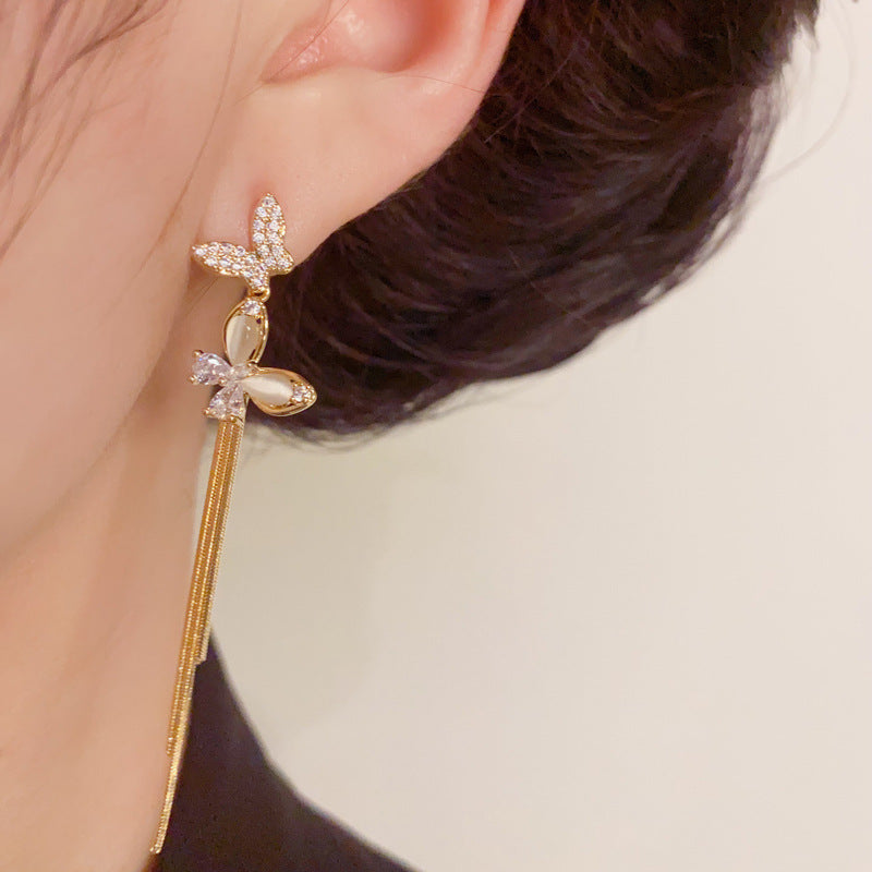 Luxury Butterfly Long Tassel Drop Earrings – Silver Needle Design