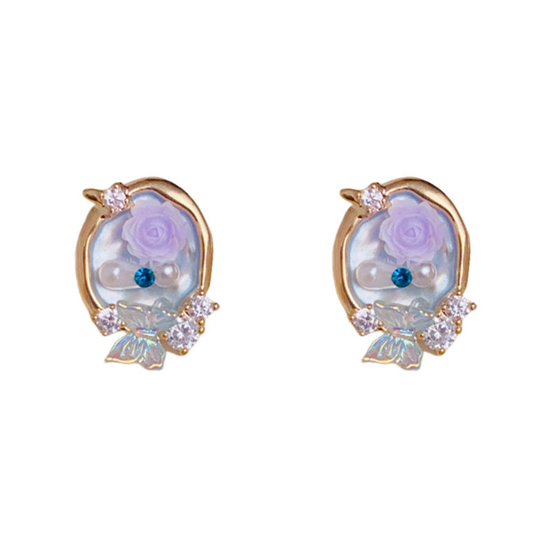 Elegant 3D Flower & Butterfly Oval Stud Earrings – Floral Design