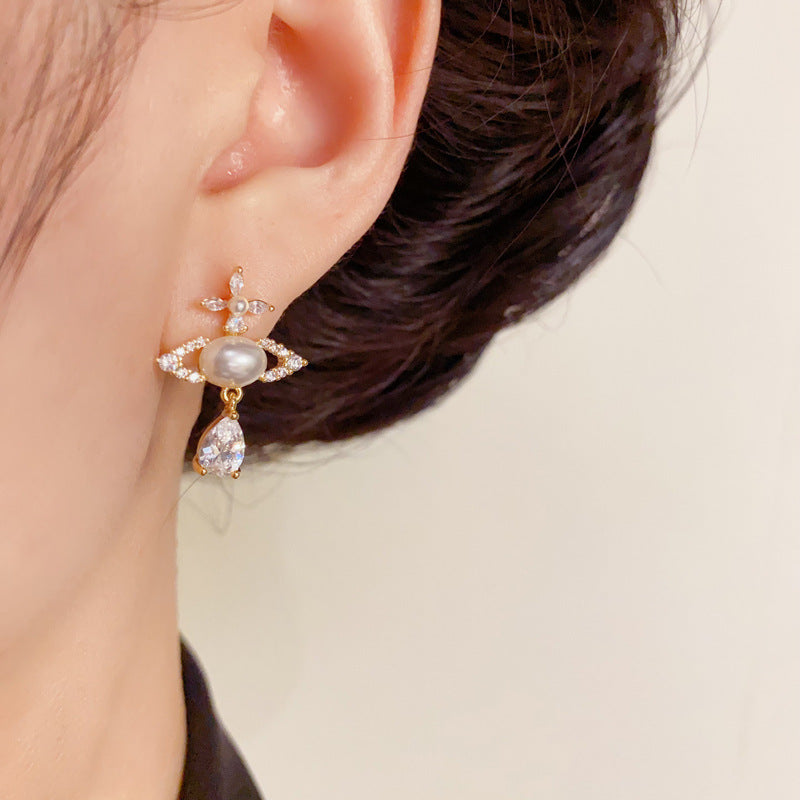 Luxury Full-Zircon Pearl Saturn Teardrop Earrings – Elegant Design