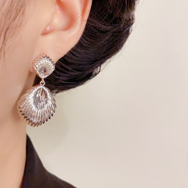 Elegant Textured Metal Shell Drop Earrings – Geometric Design