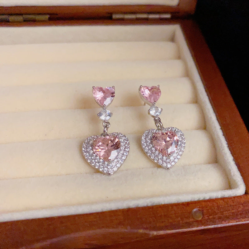 14K Gold Full Zircon Heart Tassel Earrings – Sparkling Elegant Style