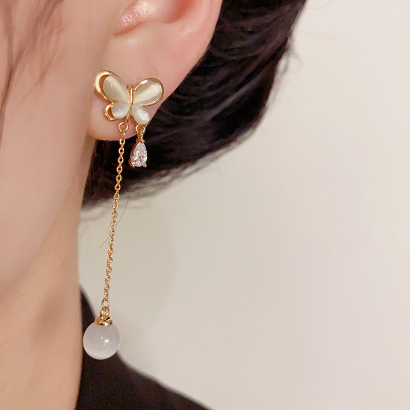 14K Gold-Plated Cat's Eye Butterfly Tassel Earrings – Elegant Design