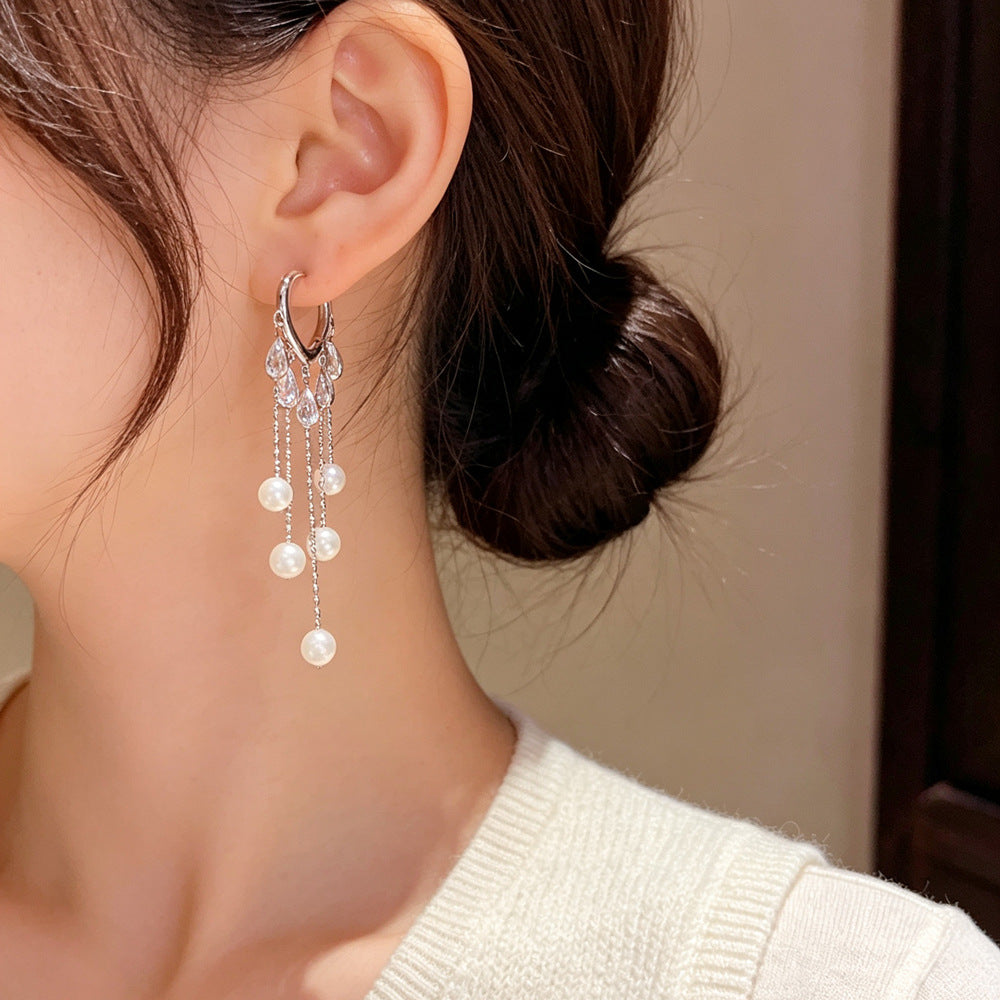 Eaioncol Teardrop Pearl Tassel CZ Earrings Gold Silver