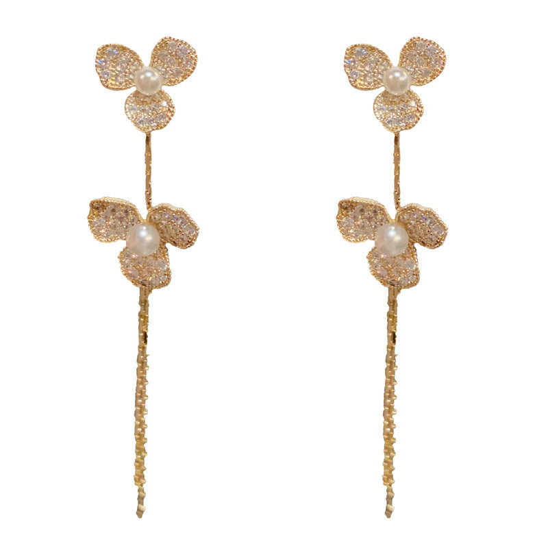 14K Gold Zircon Three-Petal Flower Tassel Earrings – Elegant Design