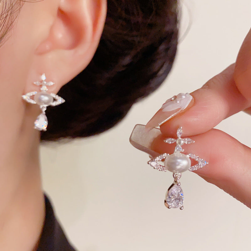 Luxury Full-Zircon Pearl Saturn Teardrop Earrings – Elegant Design