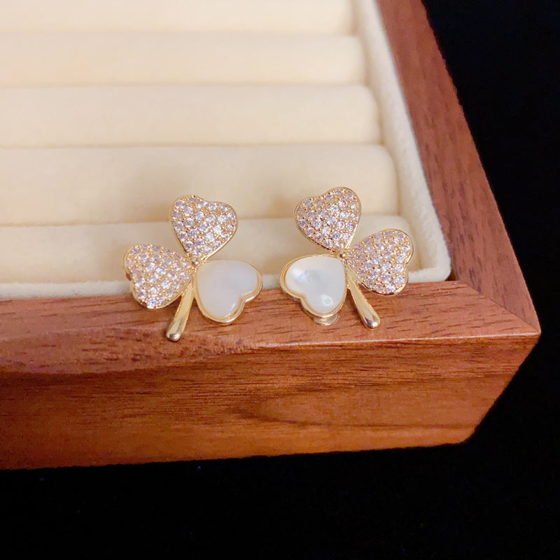 Elegant Zircon 4 Leaf Flower Stud Earrings – French Minimalist Design