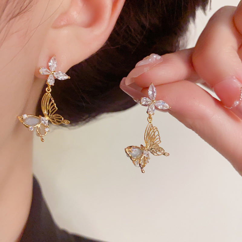 14K Gold Zircon Butterfly Tassel Drop Earrings – S925 Silver Needle