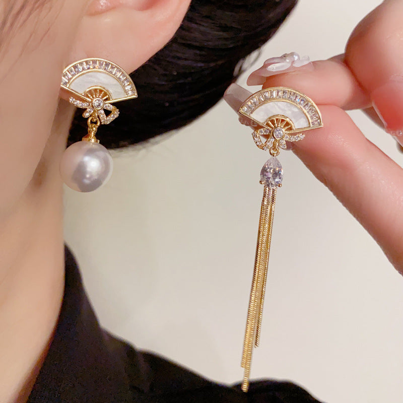 14K Gold-Plated Asymmetric Fan Pearl Tassel Earrings – French Design