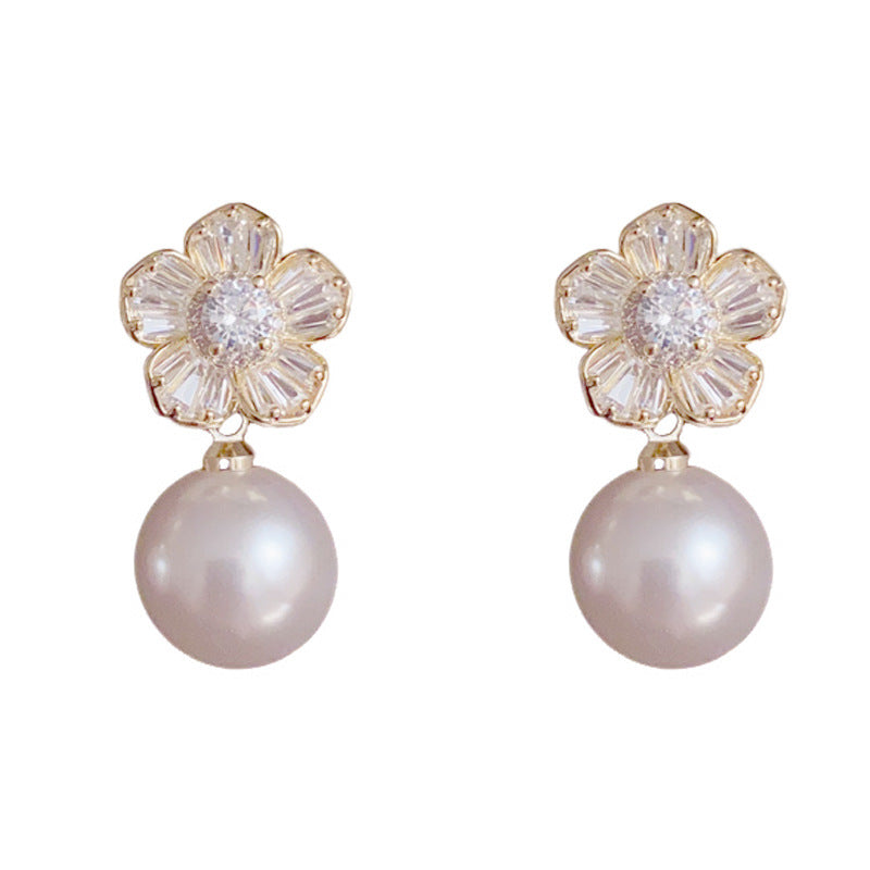 14K Gold Luxury Zircon Flower & Pearl Drop Earrings – Elegant Design